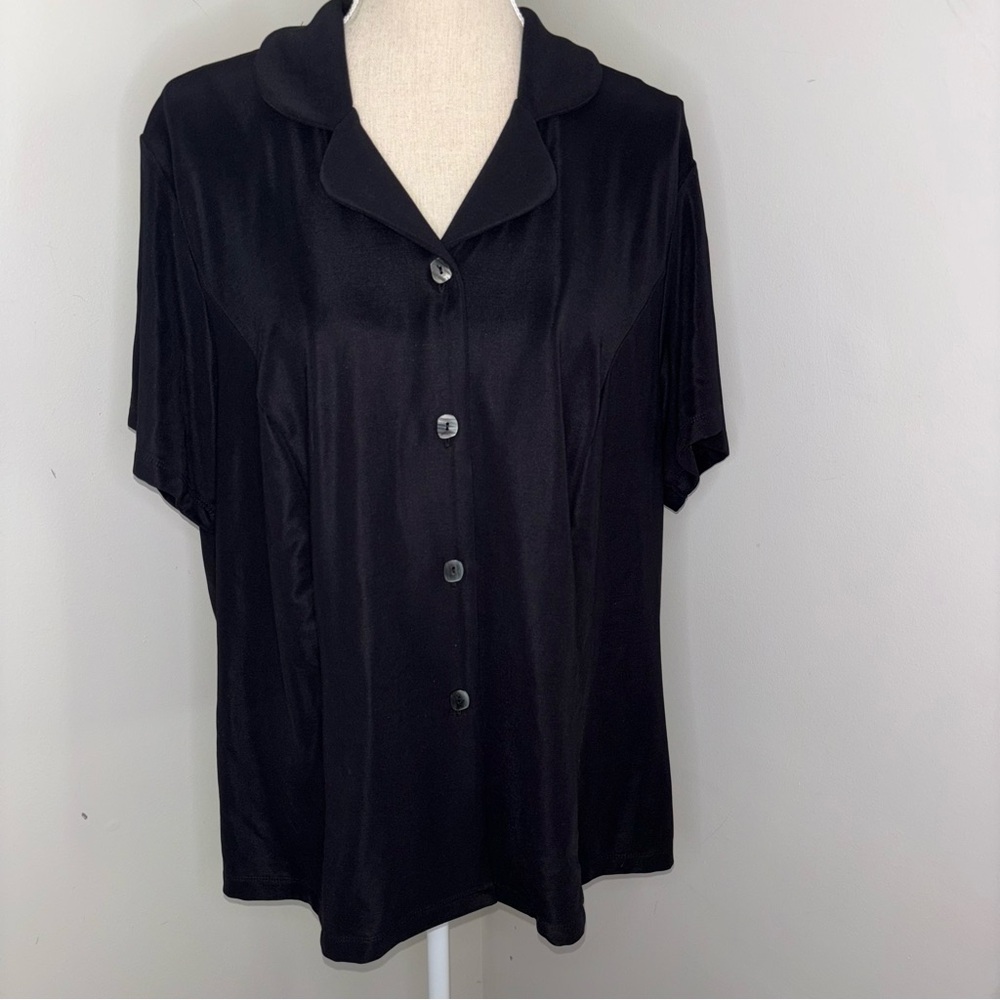 Susan Graver NEW black short sleeve button front stretch knit shirt top size 1X